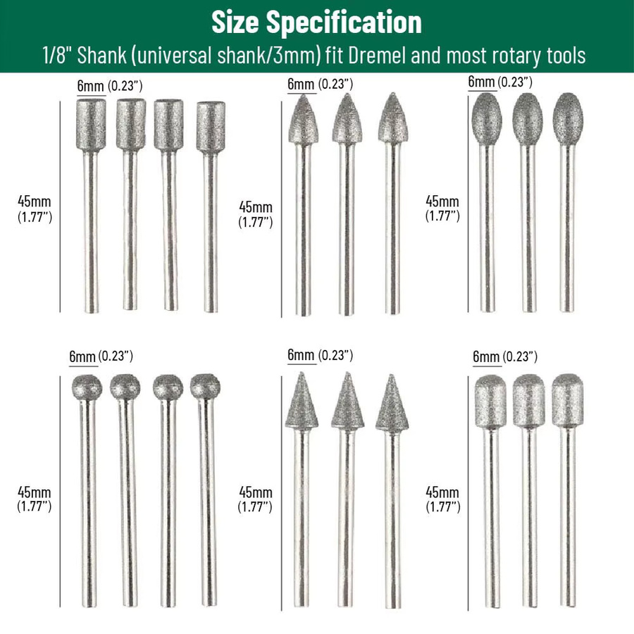 20-teiliges Steinschnitz-Set mit Diamant-Frässtift-Bits und Polier-Zubehör, silbernes Drehwerkzeug-Zubehör mit 1/8 Zoll Schaft zum Schnitzen, Schleifen und Polieren - Bild 4