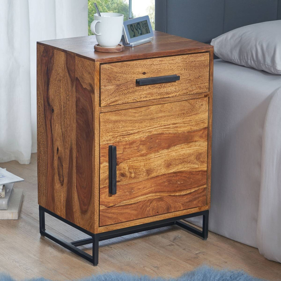 Wohnling Nachtkonsole im Industrial-Style aus Sheesham Massivholz und Eisen, Braun/Schwarz, B/H/T: 45 x 65 x 35 cm - Bild 4