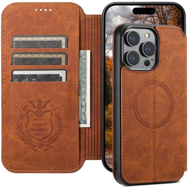 SUTENI MagSafe Leder Luxus-Telefonhülle mit Kartenhalter als Ultra Flip Wallet für iPhone 12 13 14 15 Pro Max Plus in Schwarz, Braun oder Beige - Bild 1