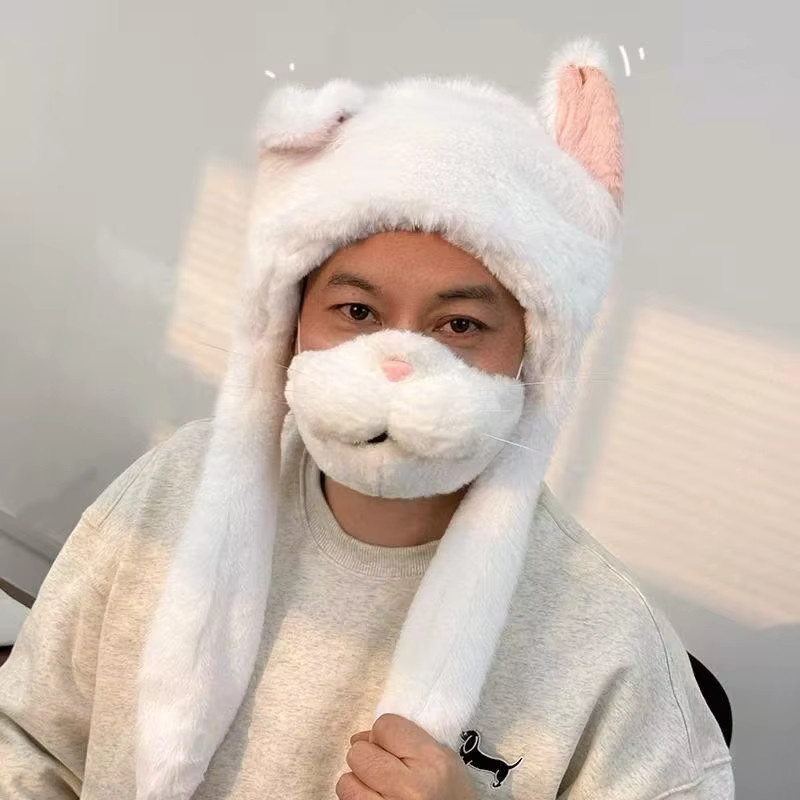 Anime Cosplay Katzenmaske, weiße Katzen-Plüschmaske, mit beweglichem Kiefer - Bild 2