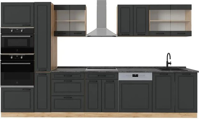 Vicco R-Line Küchenzeile Landhausstil in Anthrazit und Eiche, Breite: 350 cm, Höhe: 207 cm, Tiefe: 60 cm - Bild 1