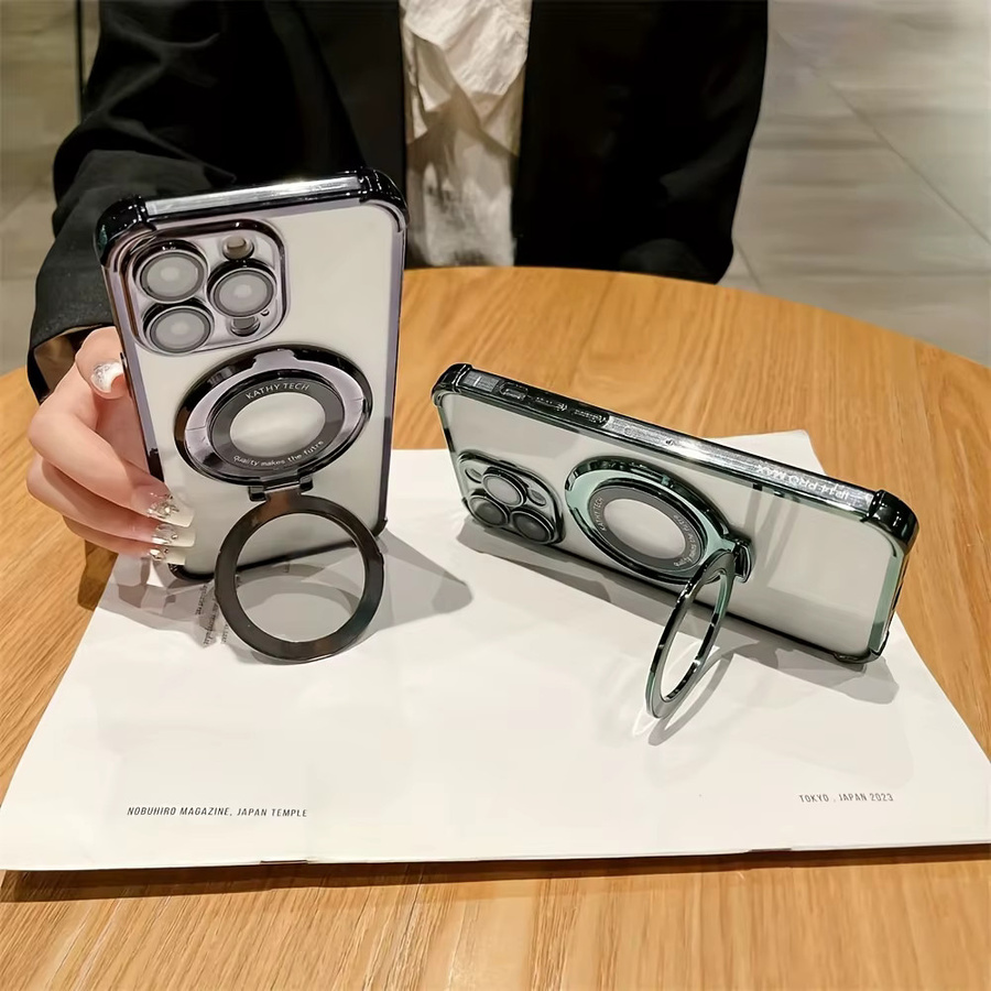 Stoßfeste Apple iPhone Schutzhülle mit magnetischer Beschichtung und integriertem Ständer, transparent mit goldener Akzentuierung, passend für iPhone 11 bis iPhone 17 Pro Max Plus - Bild 2