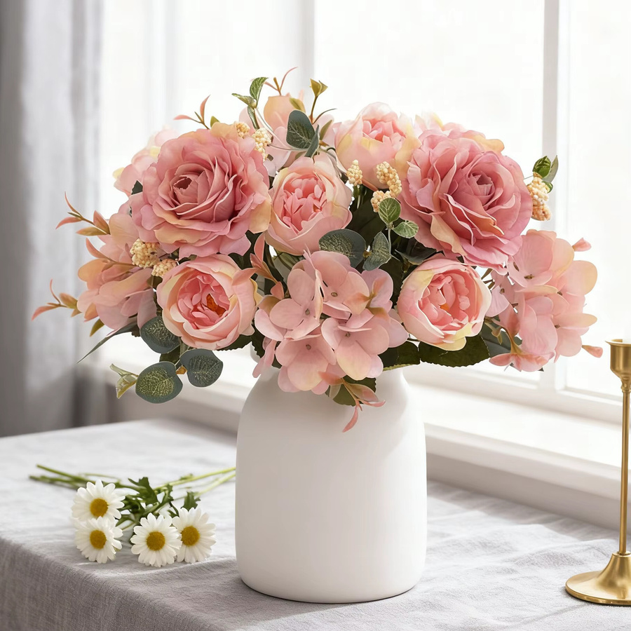 ZQCY Kunstblumen Arrangement aus Rosen und Pfingstrosen in Pink für Hochzeiten und Heim-Deko - Bild 1