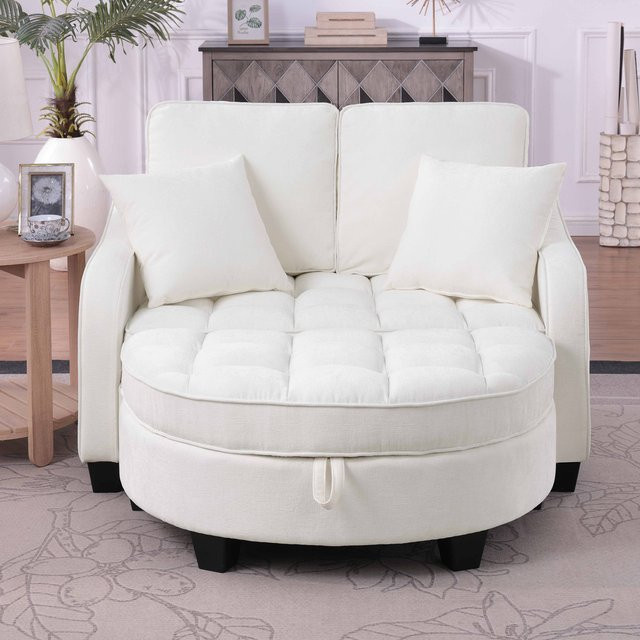 KOMHTOM 2-in-1 Multifunktionales Sofa-Bett mit Aufbewahrungs-Hocker aus atmungsaktivem Stoff und Eukalyptusholz in Grau und Weiß - Bild 1