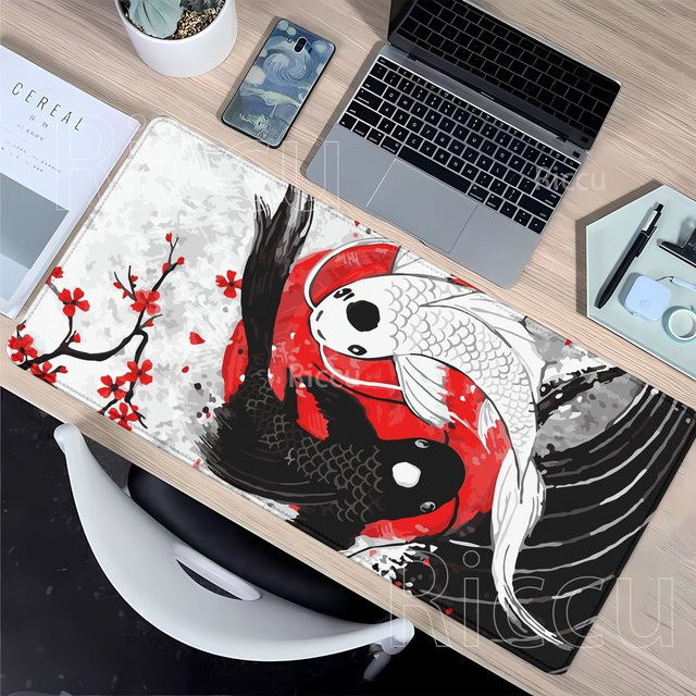 Riccu XXL Gaming Mauspad Koi Fish Yin-Yang Design Schwarz und Weiß B: 90 cm, T: 40 cm - Bild 1