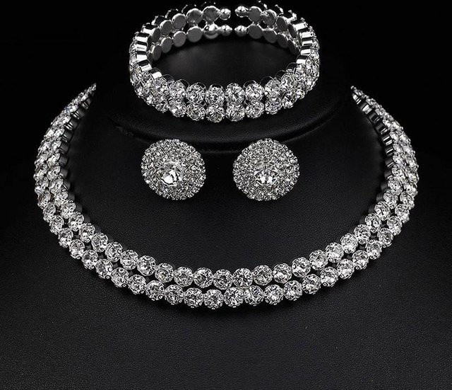 Schmuck-Set Halskette, Ohrringe, Armband, Silber, Zirkonia, Kristall, Damen - Bild 1