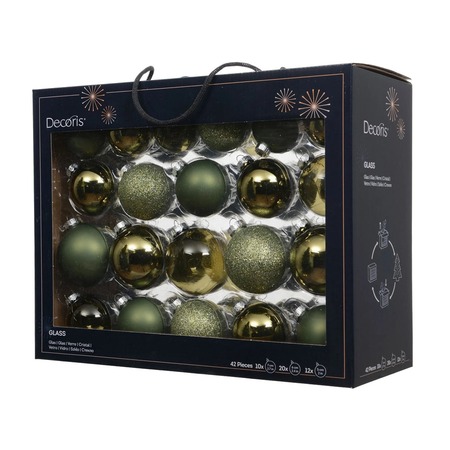 Decoris Weihnachtskugeln aus Glas in Grün und Gold, 42-teiliges Set mit 3 Größen - Bild 2