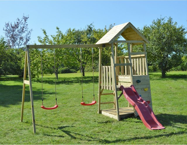 Wendi Toys Kinderspielturm Salamander aus Holz mit Rutsche, Kletterwand und 2 Schaukeln in Natur/Braun, B/H/T: 340 x 270 x 290 cm - Bild 1