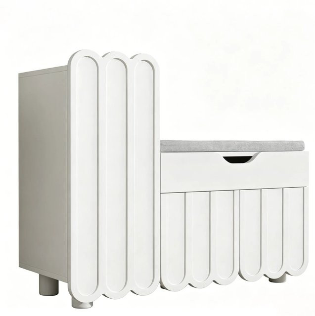 PXloue Schuhschrank mit Sitzpolster und Schublade in Weiß, 3-türige Schuhbank für Flur und Eingangsbereich, B/T/H: 90,0 x 35,0 x 74,5 cm - Bild 1