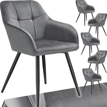 tectake Esszimmerstuhl Marilyn 6er Set, gepolstert in Samtoptik mit Steppmuster und Stahlbeinen, Grau-schwarz, B/T/H: 58 x 62 x 82 cm