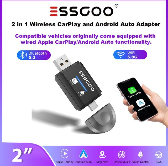 ESSGOO 2-in-1 Kabelloser CarPlay und Android Auto Adapter in Schwarz mit USB-C Anschluss - Bild 1