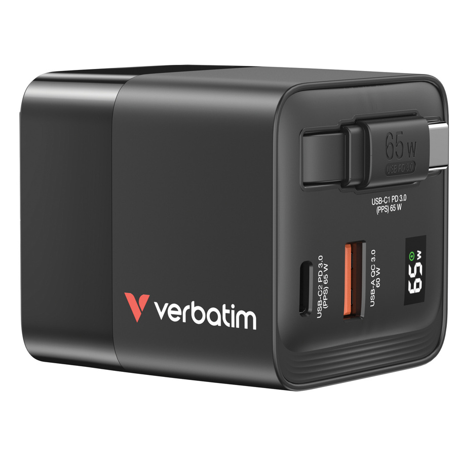 Verbatim GaN Schnellladegerät 65W mit 1x USB-A und 2x USB-C in Schwarz - Bild 2