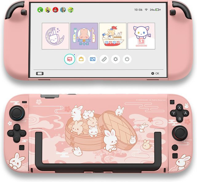 GeekShare Steamed Bun Rabbit Schutzhülle für Nintendo Switch in Pink, Kawaii Cartoon Dockable Case - Bild 1