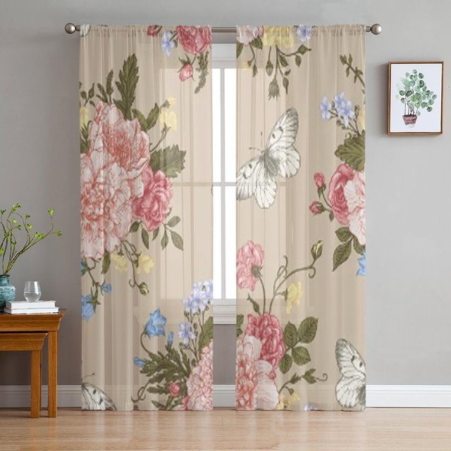 Super Six Transparenter Chiffon-Vorhang mit floralem Blumenmuster in Multicolour, B: 135 cm, H: 114 cm - Bild 1