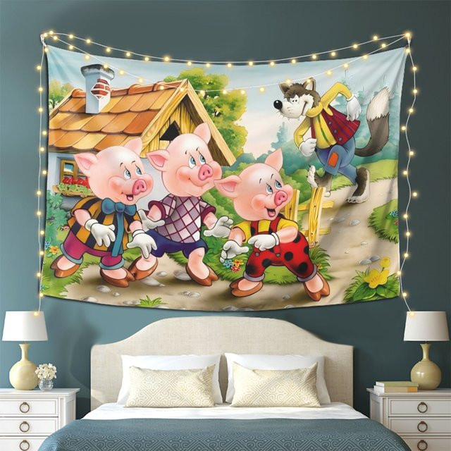VIKAMA Märchen-Wandteppich mit den drei kleinen Schweinchen und dem bösen Wolf, Cartoon-Wandtuch für Kinder, Mehrfarbig, Breite: 40 cm, Höhe: 40 cm - Bild 1