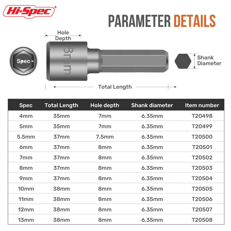 Hi-Spec Nicht-magnetisches Innensechskant-Bit-Set mit Adaptern und Steckschlüsseln für Schraubendreher und Mutter, 4-13 mm - Bild 5