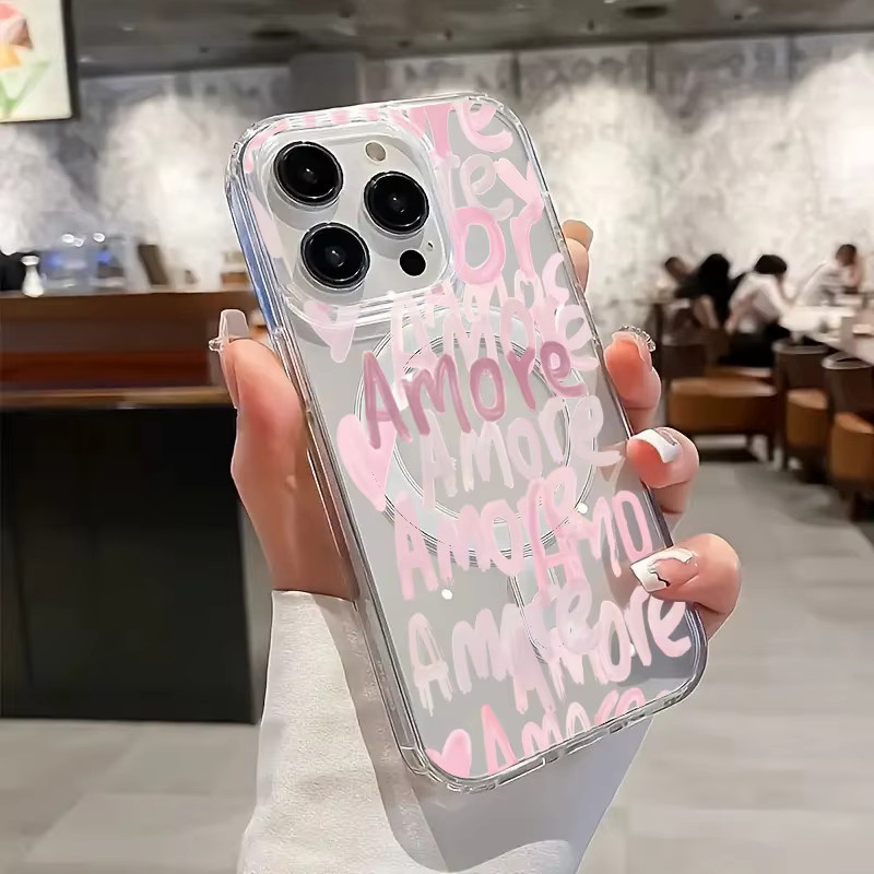Amore-Love Romantische Handyhülle für Apple iPhone mit rosa Schriftzug, transparent und pink, magnetische kabellose Ladeabdeckung - Bild 3