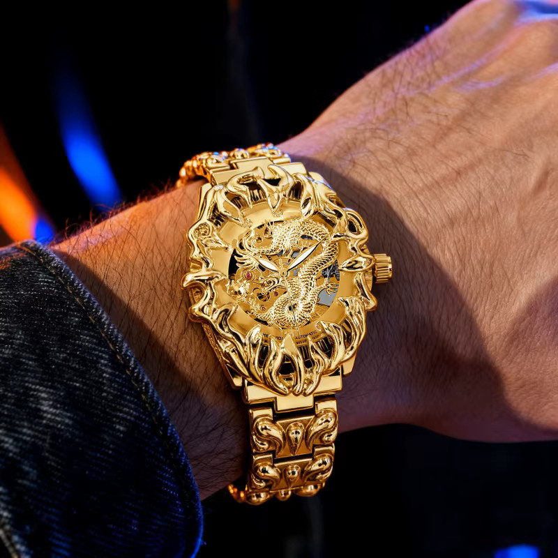 MEIRUIQI Armbanduhr Automatik, Edelstahl, Gold, Herren, Drachenmuster - Bild 5