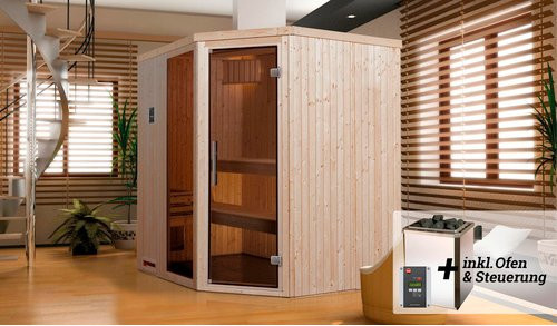 Weka Element-Ecksauna Varberg in Braun mit Glasfenster und 7,5 kW Sparset, B/T/H: 194 x 177 x 199 cm - Bild 3
