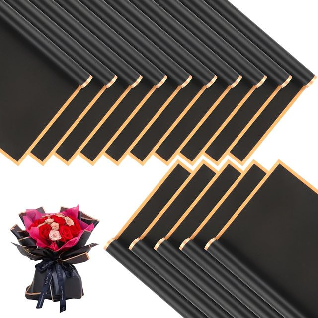 20 Blatt wasserfestes Blumen-Geschenkpapier in Schwarz mit goldenen Kanten für koreanische Blumenstrauß-Verpackungen und DIY-Projekte - Bild 1