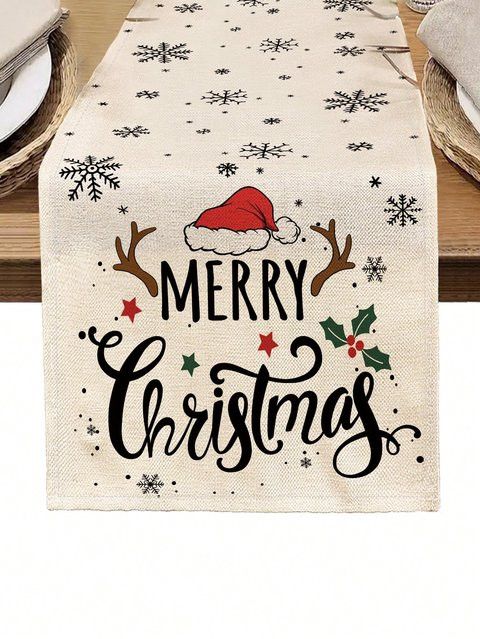 JIT Tischläufer aus Leinen mit Schneeflocken, Weihnachtsmütze und Holly-Design für deine Weihnachtsdekoration - Bild 1