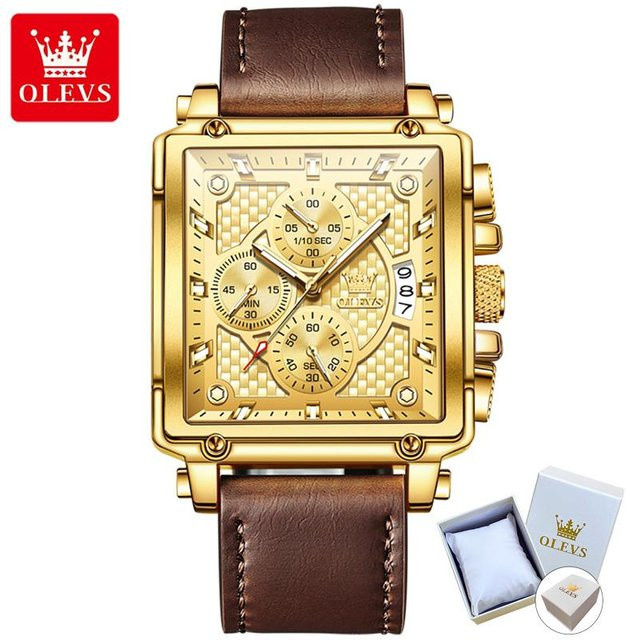 OLEVS Chronograph, Armbanduhr, Quarz, Edelstahl, Gold, Eckig, Herren - Bild 1