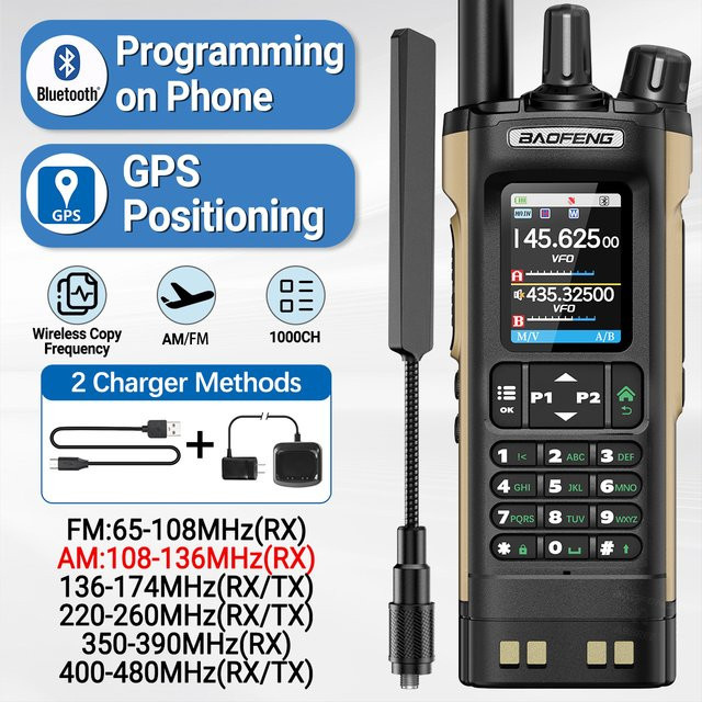 Baofeng UV-32 GPS Air Band Walkie Talkie mit Bluetooth und 10W Multi Band Funkgerät in Schwarz - Bild 1
