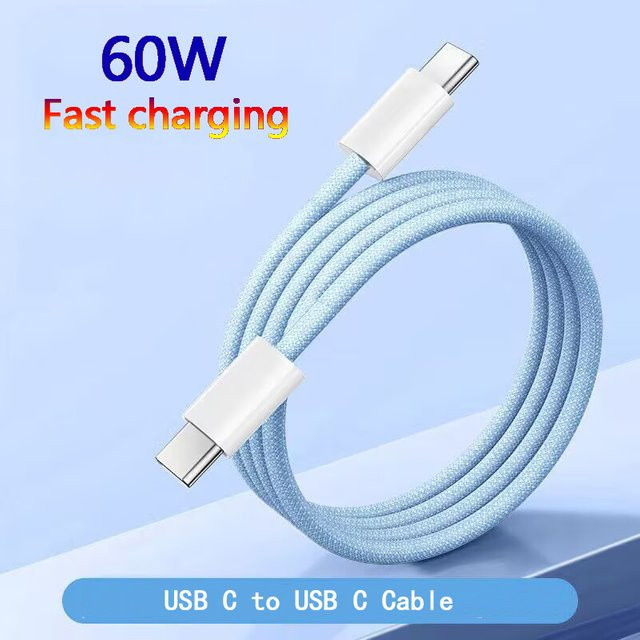 USB-C auf Typ-C Ladekabel in Weiß mit 60 W PD Schnellladefunktion für Apple iPhone 15, Samsung, Huawei und Xiaomi, gewebtes Kabel - Bild 1