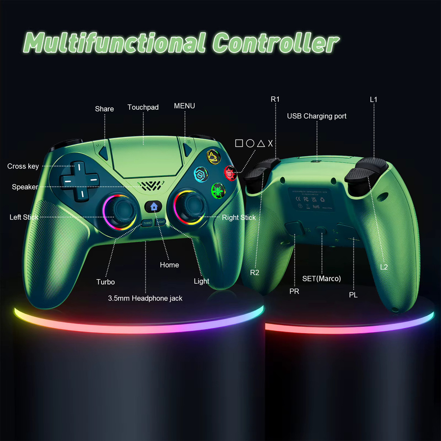 Bonacell Kabelloser Controller für PS5, PlayStation 5 Pro, Slim und PC mit RGB-Hall-Effekt, Dual-Vibration und Turbo-Funktion, Farbe: Rot - Bild 6