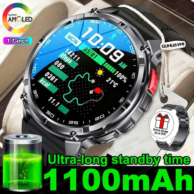GUHUAVMI Smartwatch für Herren in Schwarz mit 1,7 Zoll AMOLED-Bildschirm, GPS, Bluetooth-Anruf und 5 ATM Wasserdichtigkeit, 1100 mAh Akku - Bild 1