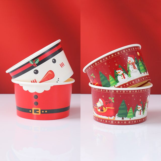 Rote Einweg-Papierschalen mit Weihnachtsdesign Santa Claus und Schneemann zur Dekoration für Weihnachten und Neujahr - Bild 1