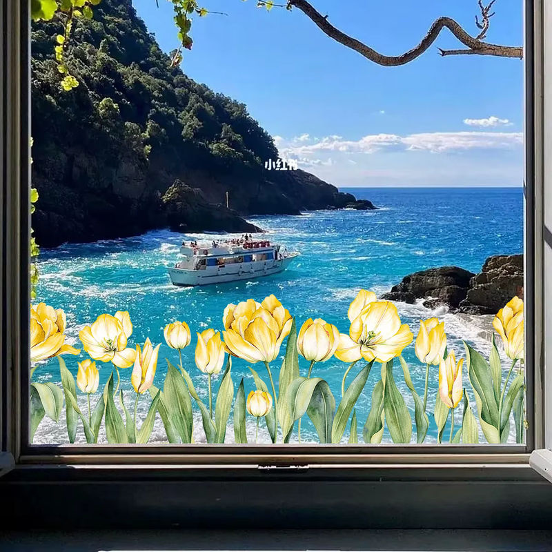 BRUP Fensteraufkleber mit gelben Aquarell Blumen und botanischen Pflanzenmotiven, abnehmbar und wiederverwendbar - Bild 3
