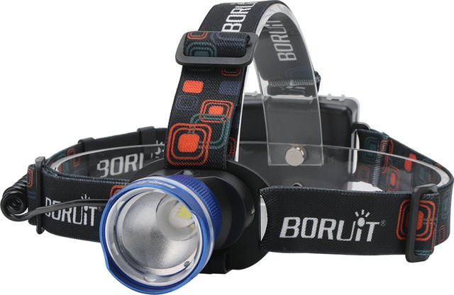 BORUiT LED-Stirnlampe 1000LM, wiederaufladbar über USB, superhell, zoombar, wasserdicht, Schwarz - Bild 1