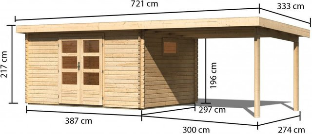 Gartenhaus Holz TRITTAU 5 Blockbohlenhaus in Naturbelassen mit Anbaudach, B/T: 387 x 297 cm, 38 mm Wandstärke - Bild 1