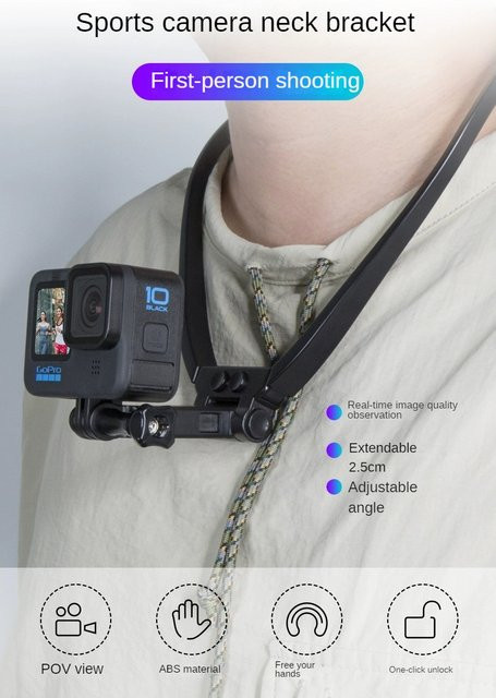 Anti-Shake Halshalterung für Action Kameras wie GoPro Hero 12 10 9, Insta360 X3 und DJI Osmo Action, Lanyard Strap in Schwarz - Bild 1