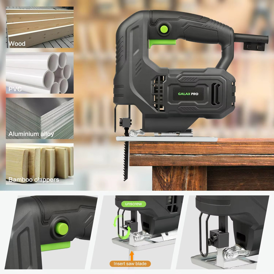 GALAX PRO Elektrische Stichsäge 400W mit 3000 SPM, ±45° Schrägschnitt-Funktion und Verriegelungsknopf, Schwarz, inklusive Klingen für Holz und Metall - Bild 6