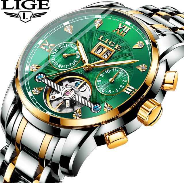 LIGE Armbanduhr Automatik, Edelstahl, Bicolor, Grün, Herren - Bild 1
