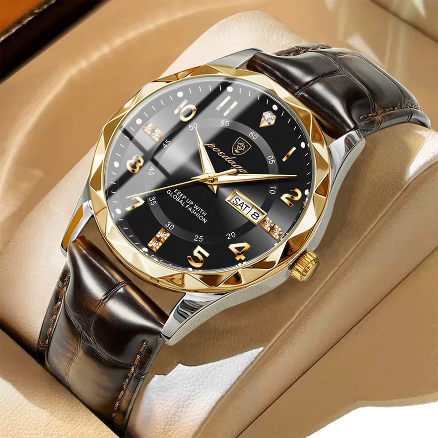 Poedagar Armbanduhr, Quarz, Leder, Datum, Wochentag, Herren, Schwarz, Gold - Bild 2