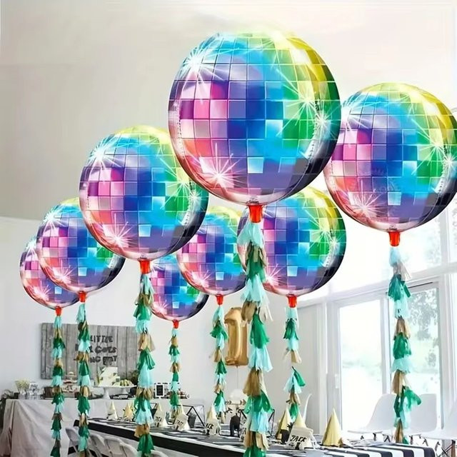 YAYB 6er Set 4D Spiegel Disco Ballons aus Aluminiumfolie in Silber, Gold und Multicolour, 22 Zoll Retro Metallic Deko für deinen Geburtstag - Bild 1