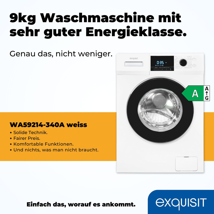 Exquisit WA59214-340A Waschmaschine in Weiß mit 9 kg Kapazität, 1400 U/min Schleuderdrehzahl und Aquastop - Bild 2