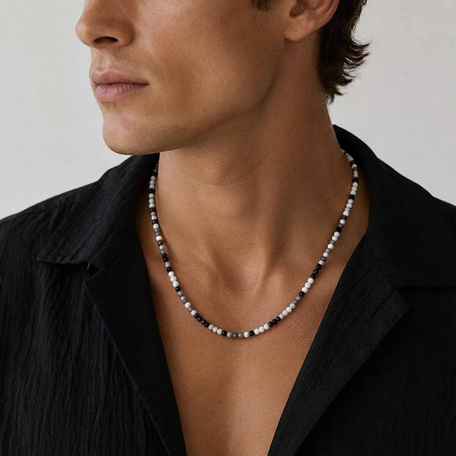 Vnox Choker-Halskette, Schwarz-Weiße Kristallperlen, 41-48 cm, Unisex - Bild 1