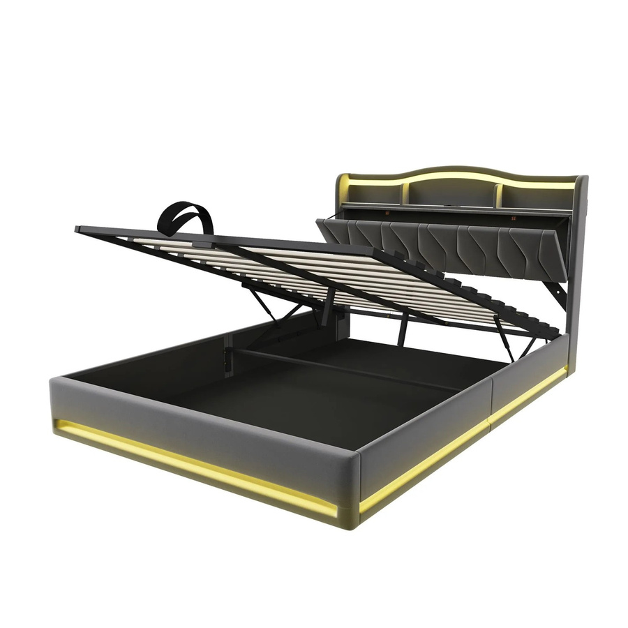 PXloue Polsterbett aus Samt mit LED-Beleuchtung und USB-Ladefunktion für Jugendliche, B/T/H: 140 x 200 x 105,5 cm - Bild 2