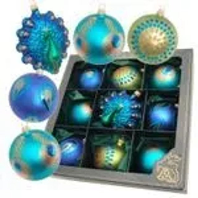 9er Set Christbaumkugeln aus Glas mit Pfauen-Vogelfiguren in Blau, Durchmesser: 8-11 cm - Bild 1