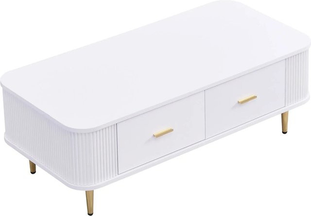 okwish Couchtisch mit Schubladen und gewellten Seiten in Weiß, B: 105 cm, T: 51 cm, H: 38 cm - Bild 1