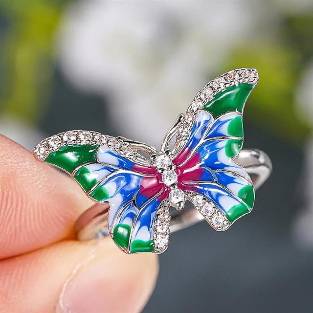 Huitan Damenring, Emaille-Schmetterling, Bunt, Zirkonia - Bild 1