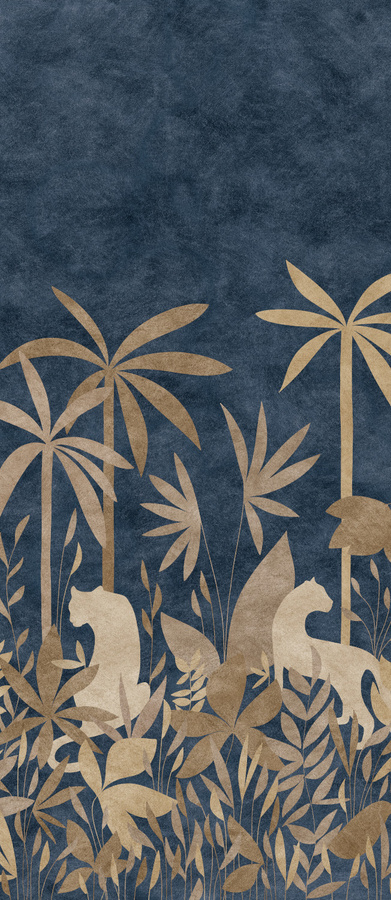 Isidore Leroy Mural Paradis Des Tigres Nocturne mit Gold, Blau, Braun und Beige, Vlies-Tapete im Art-Deco-Stil, Breite: 330 cm, Höhe: 330 cm - Bild 1