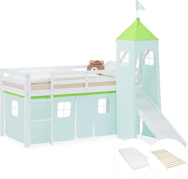 Homestyle4u Kinder Hochbett aus Kiefernholz mit Rutsche und Treppe in Grün - Bild 1