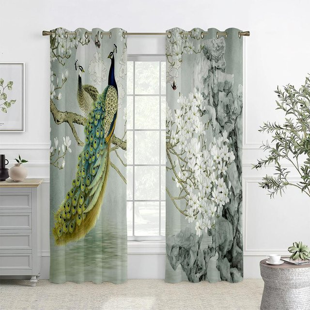 Dekorative Vorhänge mit Retro-Pfauen-Print von Household supplies MH, halbverdunkelnd, Mehrfarbig, B: 50 cm, H: 140 cm, 2 Stück - Bild 1