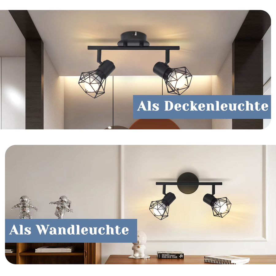 Nettlife 2-flammige Deckenlampe im Industrie-Design, Schwarz, E14, verstellbar und schwenkbar aus Metall - Bild 3