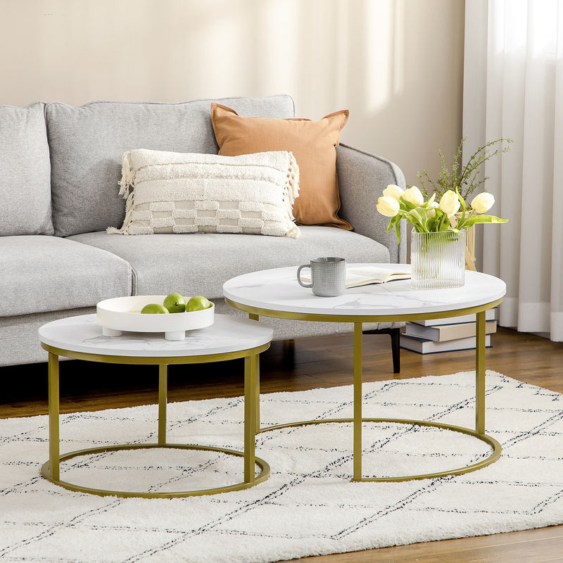 HOMCOM 2er-Set Couchtisch mit Marmoroptik in Weiß und Gold, runde Beistelltische mit Stahlgestell für dein Wohnzimmer - Bild 2